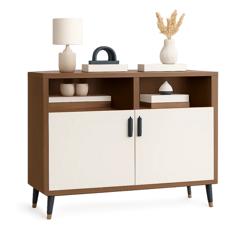 Sideboard Kommode 120 x 40 x 80 cm Holz Naturholzoptik Weiß Türen offene Fächer Schwarz Metallbeine