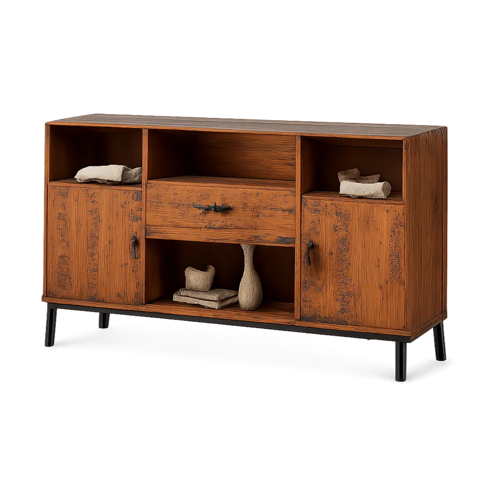 Sideboard Kommode 160 x 40 x 80 cm Holzoptik Naturbraun Metall Schwarz Türen Schublade und offene Fächer rechteckig