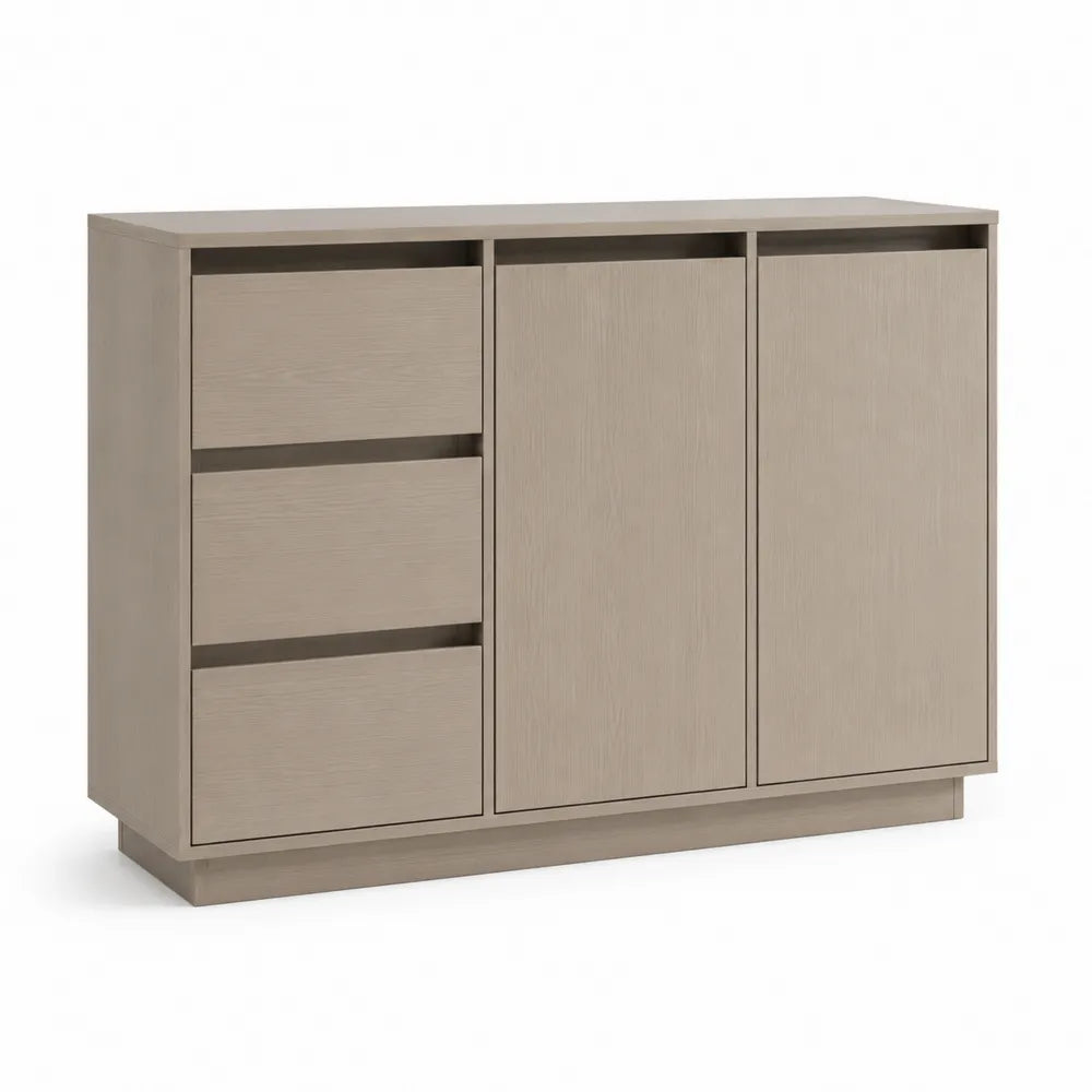 Sideboard Kommode rechteckig 120 cm 40 cm 80 cm melaminbeschichtete Spanplatte Eiche Beige 3 Schubladen 2 Türen