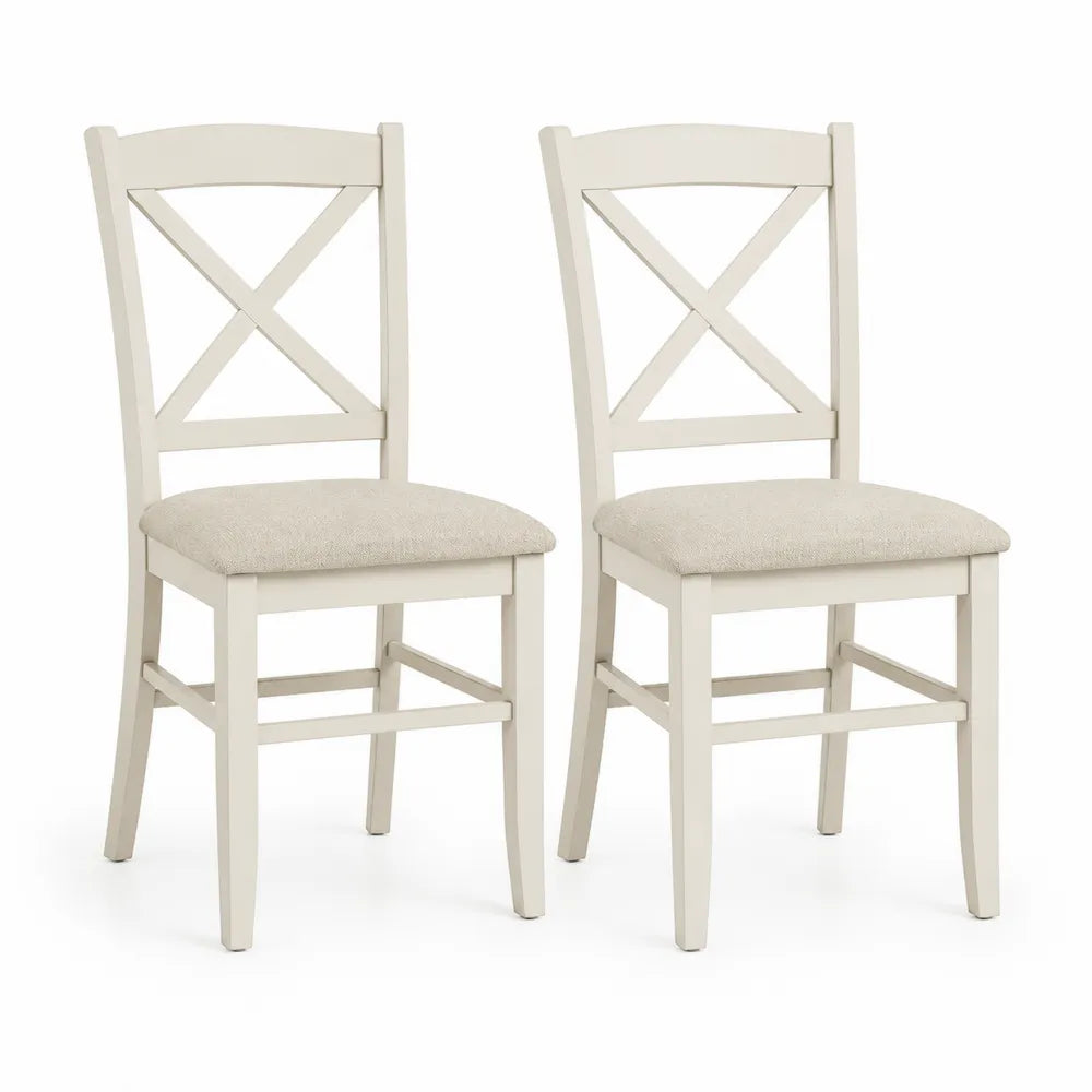 Esszimmerstühle 2er Set 45 x 52 x 88 cm Holzgestell Kreuzlehne Stoffbezug Weiß Creme Natur Holzbeine Vierfuß