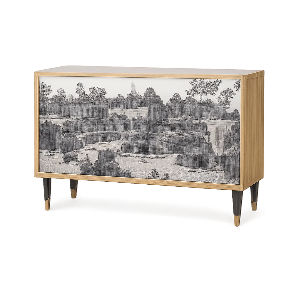 Sideboard Kommode 120 x 40 x 80 cm MDF Holzoptik Natur mit Motivfront Landschaftsdruck Schwarz Gold Metallbeine rechteckig