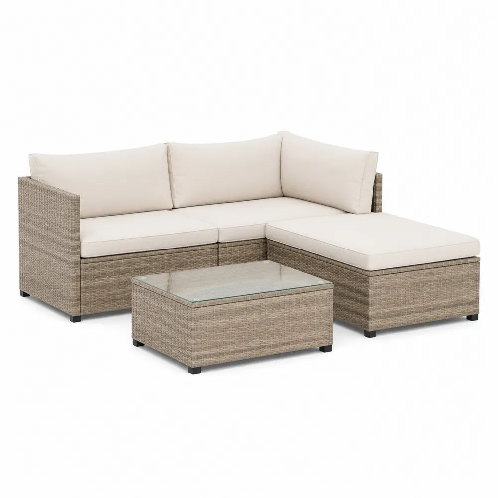 Garten Lounge Set 3-teilig L Form Polyrattan Sofa mit Recamiere Couchtisch Glas 190 cm x 130 cm x 75 cm Beige Schwarz