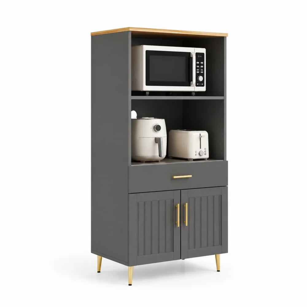 Küchen-Mikrowellenschrank 60 x 40 x 140 cm MDF Grau Holzplatte Goldgriffe rechteckig freistehend
