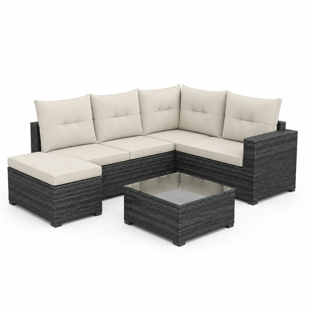 Garten Lounge Sofa Set 4-teilig L-Form 240 x 180 x 75 cm Polyrattan Aluminiumrahmen Grau Beige mit Chaiselongue und Glastisch rechteckig