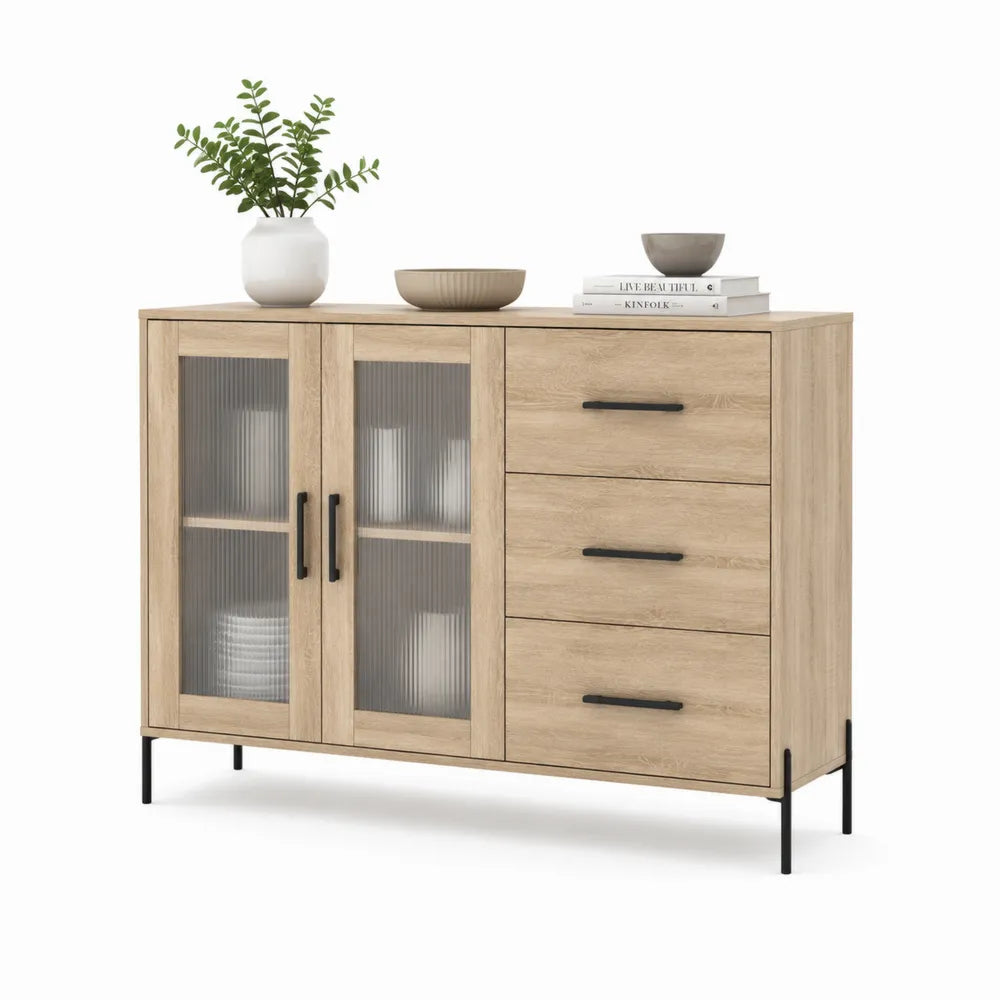 Sideboard Kommode 120 x 40 x 80 cm Eiche hell Holz Metall schwarz mit 2 Türen und 3 Schubladen Glas geriffelt