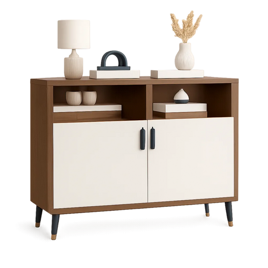 Sideboard Kommode 120 x 40 x 80 cm Holz Naturholzoptik Weiß Türen offene Fächer Schwarz Metallbeine