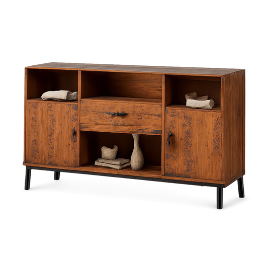 Sideboard Kommode 160 x 40 x 80 cm Holzoptik Naturbraun Metall Schwarz Türen Schublade und offene Fächer rechteckig