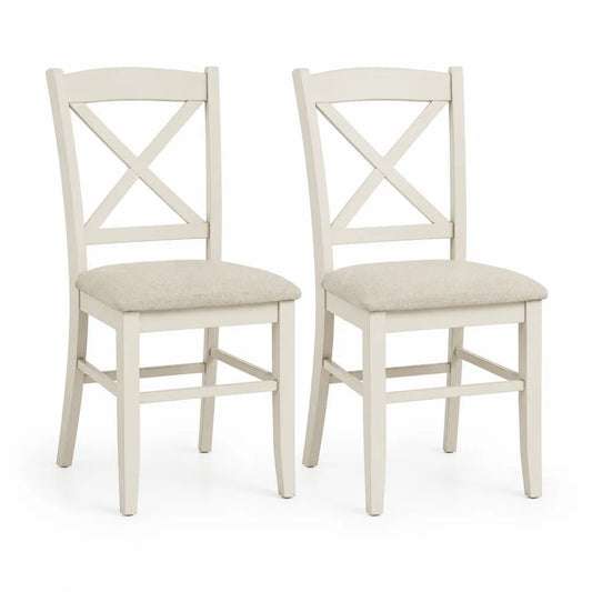 Esszimmerstühle 2er Set 45 x 52 x 88 cm Holzgestell Kreuzlehne Stoffbezug Weiß Creme Natur Holzbeine Vierfuß