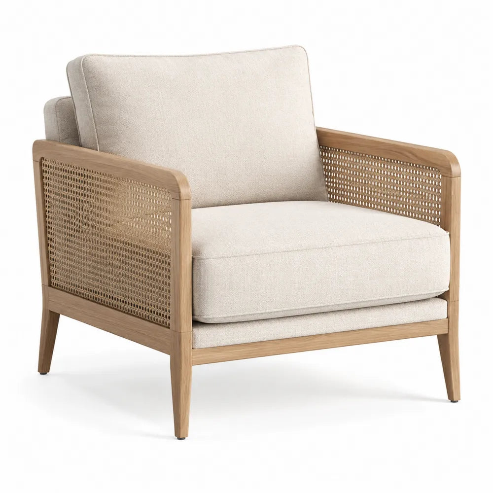 Sessel 75 x 80 x 85 cm Massivholz Rattan Seitenelemente Polyesterbezug Beige Naturholzoptik