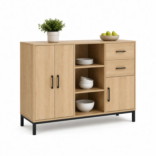 Küchen-Sideboard 120 x 40 x 85 cm Buffetschrank Eichefarben Holzwerkstoff mit 2 Türen 2 Schubladen und offenen Fächern Metallgestell Schwarz