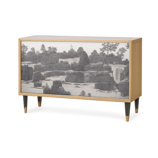 Sideboard Kommode 120 x 40 x 80 cm MDF Holzoptik Natur mit Motivfront Landschaftsdruck Schwarz Gold Metallbeine rechteckig