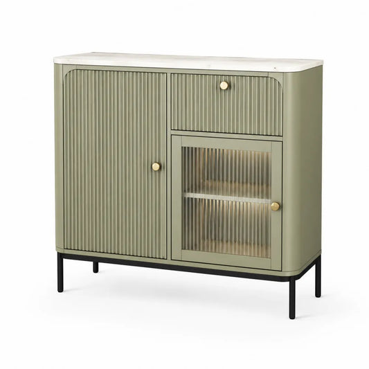 Küchen-Sideboard 120 x 40 x 85 cm MDF Grün mit Glastür geriffelter Front weißer Marmoroptik Platte Metallfüße Schwarz