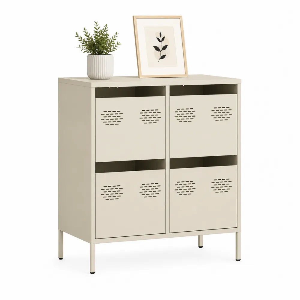 Sideboard Kommode 80 x 35 x 100 cm MDF Metallbeine Cremeweiß rechteckig 4 Türen perforierte Front