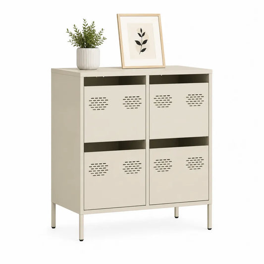 Sideboard Kommode 80 x 35 x 100 cm MDF Metallbeine Cremeweiß rechteckig 4 Türen perforierte Front