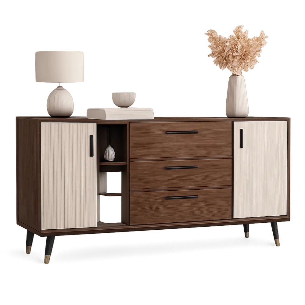 Sideboard Kommode 160 x 40 x 80 cm MDF Holz Walnussbraun Cremeweiß Schwarz rechteckig mit 2 Türen 3 Schubladen offenem Fach Metallbeine