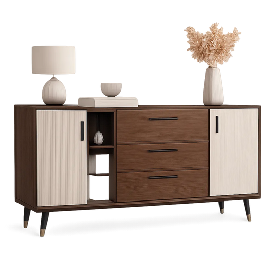 Sideboard Kommode 160 x 40 x 80 cm MDF Holz Walnussbraun Cremeweiß Schwarz rechteckig mit 2 Türen 3 Schubladen offenem Fach Metallbeine