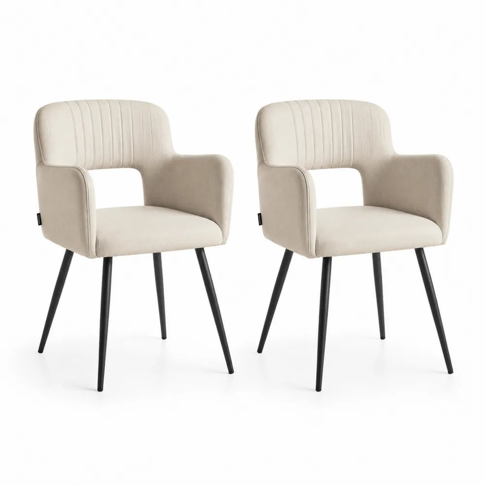 Esszimmerstühle 2er Set 55 x 58 x 84 cm Polsterstuhl Stoffbezug Beige Metallbeine Schwarz mit Armlehnen