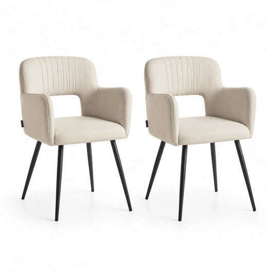 Esszimmerstühle 2er Set 55 x 58 x 84 cm Polsterstuhl Stoffbezug Beige Metallbeine Schwarz mit Armlehnen