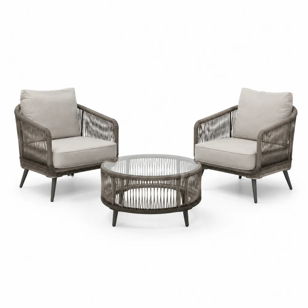 Gartensofa Set 3-teilig 2 Sessel runder Couchtisch Glas PE-Seil Stahl Taupe Beige 75 x 72 x 74 cm Ø70 x 42 cm