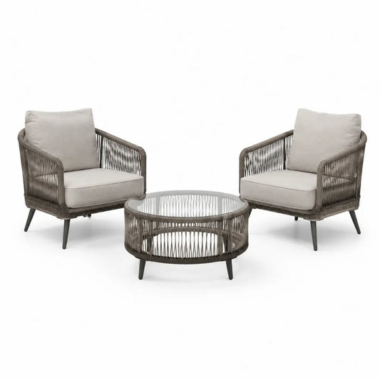 Gartensofa Set 3-teilig 2 Sessel runder Couchtisch Glas PE-Seil Stahl Taupe Beige 75 x 72 x 74 cm Ø70 x 42 cm
