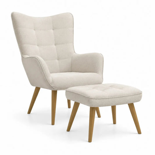 Sessel mit Hocker Set 2-teilig 75 cm x 80 cm x 100 cm Polstersessel Polyester Stoff Beige Holzbeine Eichenoptik