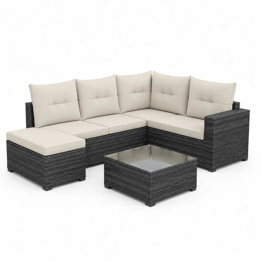 Garten Lounge Sofa Set 4-teilig L-Form 240 x 180 x 75 cm Polyrattan Aluminiumrahmen Grau Beige mit Chaiselongue und Glastisch rechteckig