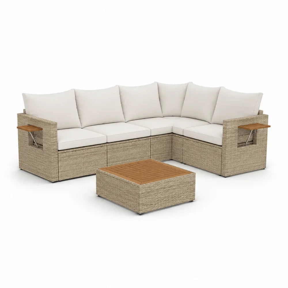 Gartensofa Set 4-teilig L-Form PE-Rattan Stahl Holz Beige Natur 240 x 180 x 75 cm