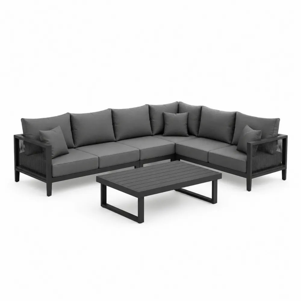 Garten Lounge Set 2-teilig Ecksofa L Form mit Couchtisch Aluminium Rope Geflecht Grau Schwarz mit Kissen