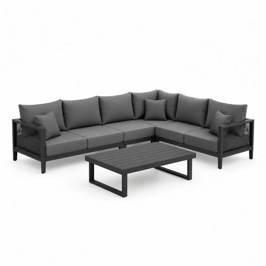 Garten Lounge Set 2-teilig Ecksofa L Form mit Couchtisch Aluminium Rope Geflecht Grau Schwarz mit Kissen